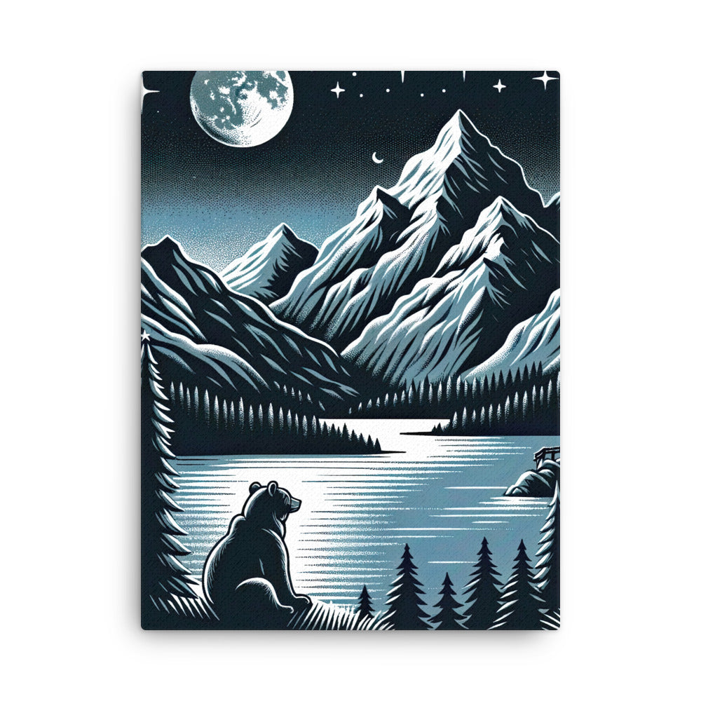 Bär in Alpen-Mondnacht, silberne Berge, schimmernde Seen - Dünne Leinwand camping xxx yyy zzz 45.7 x 61 cm