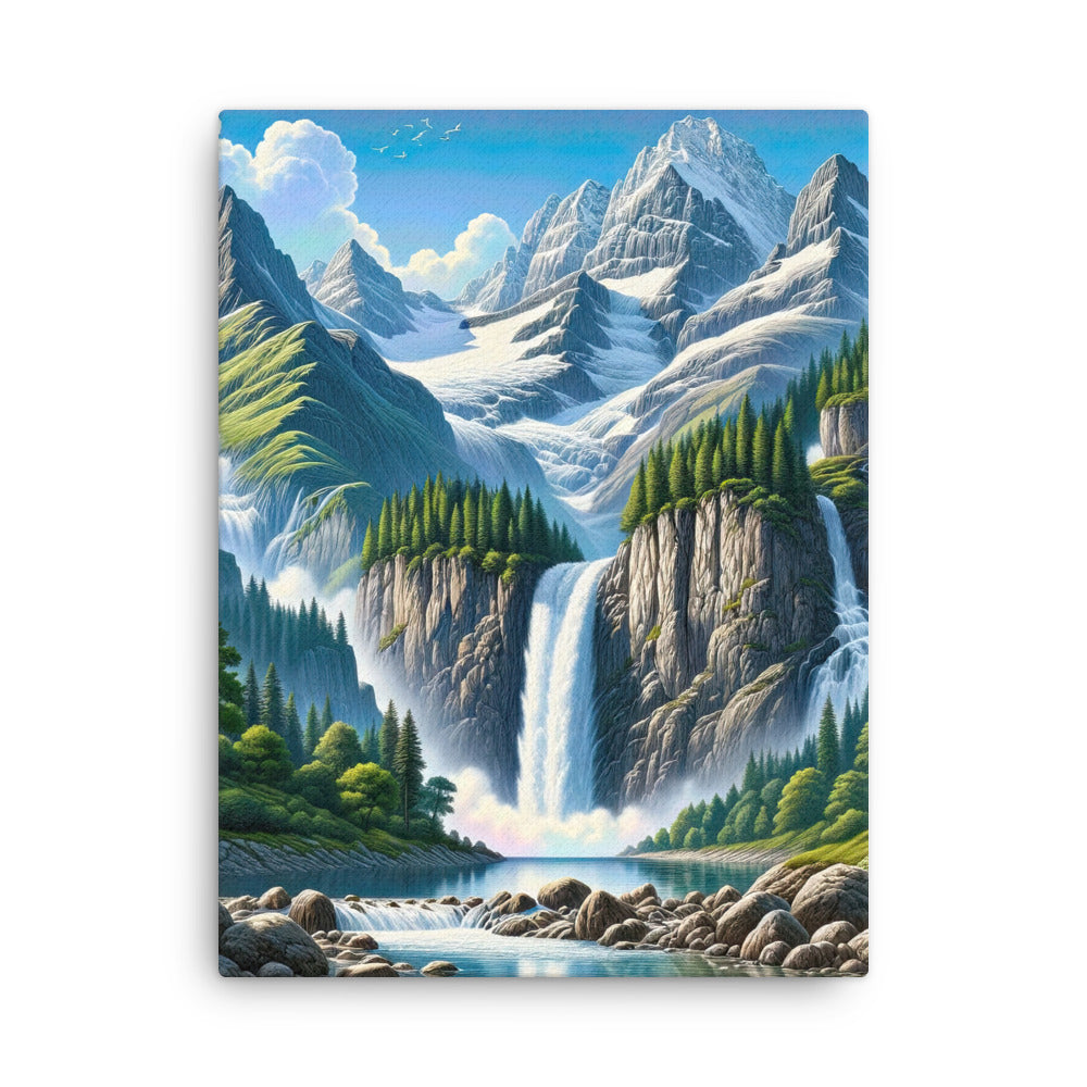 Illustration einer unberührten Alpenkulisse im Hochsommer. Wasserfall und See - Dünne Leinwand berge xxx yyy zzz 45.7 x 61 cm