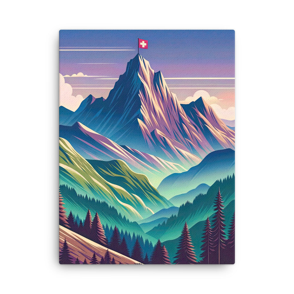 Harmonische Berglandschaft mit Schweizer Flagge auf Gipfel - Dünne Leinwand berge xxx yyy zzz 45.7 x 61 cm