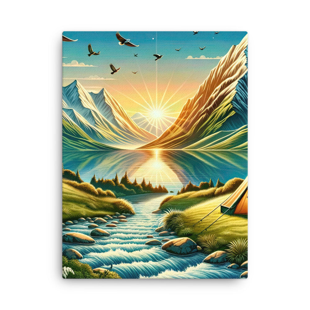 Zelt im Alpenmorgen mit goldenem Licht, Schneebergen und unberührten Seen - Dünne Leinwand berge xxx yyy zzz 45.7 x 61 cm
