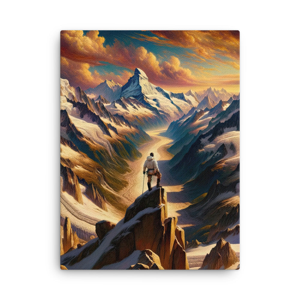 Ölgemälde eines Wanderers auf einem Hügel mit Panoramablick auf schneebedeckte Alpen und goldenen Himmel - Dünne Leinwand wandern xxx yyy zzz 45.7 x 61 cm