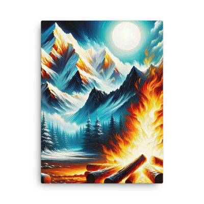 Ölgemälde von Feuer und Eis: Lagerfeuer und Alpen im Kontrast, warme Flammen - Dünne Leinwand camping xxx yyy zzz 45.7 x 61 cm