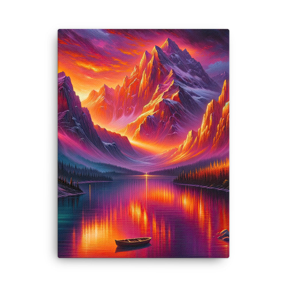 Ölgemälde eines Bootes auf einem Bergsee bei Sonnenuntergang, lebendige Orange-Lila Töne - Dünne Leinwand berge xxx yyy zzz 45.7 x 61 cm