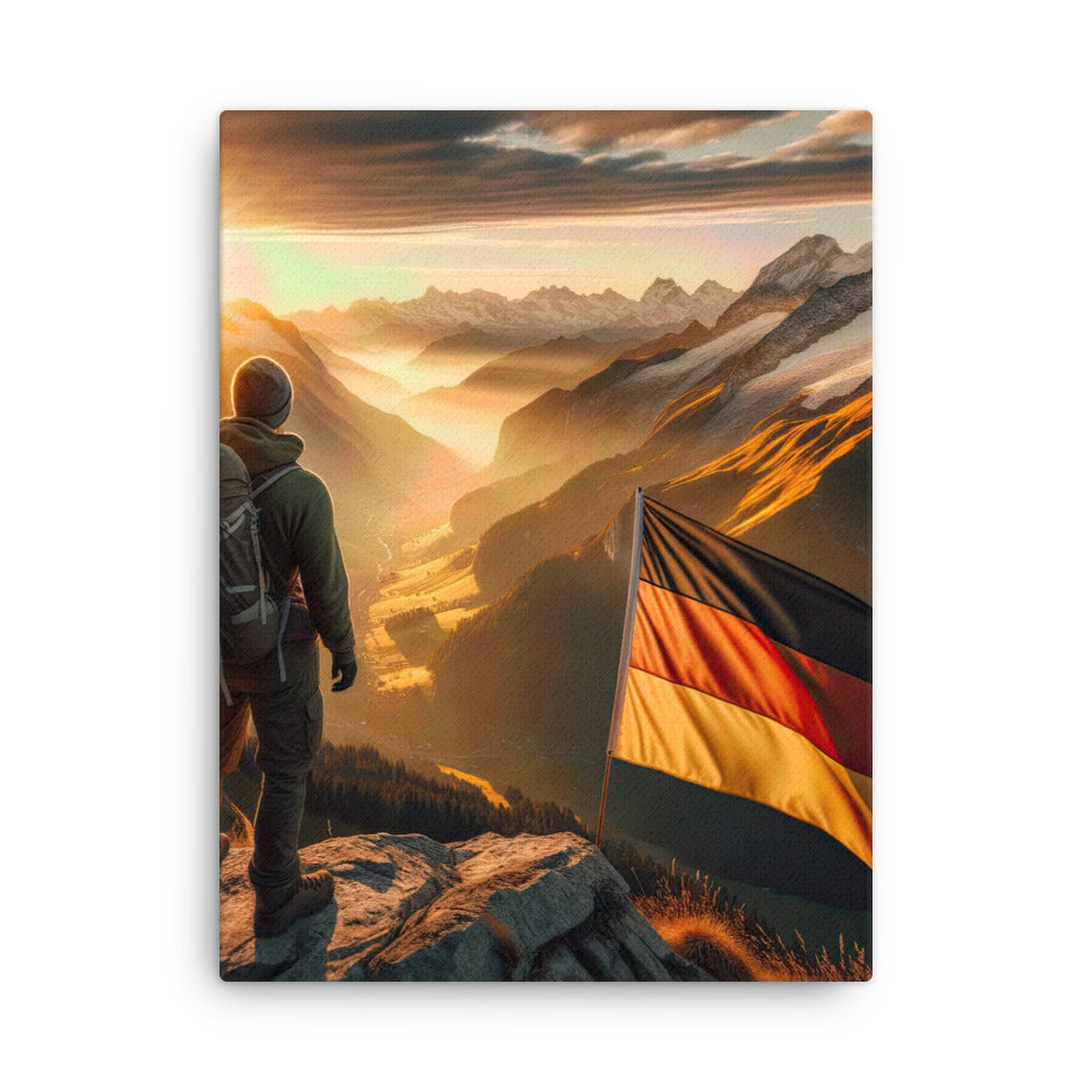 Foto der Alpen bei Sonnenuntergang mit deutscher Flagge und Wanderer, goldenes Licht auf Schneegipfeln - Dünne Leinwand berge xxx yyy zzz 45.7 x 61 cm