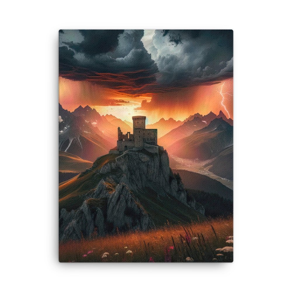 Foto einer Alpenburg bei stürmischem Sonnenuntergang, dramatische Wolken und Sonnenstrahlen - Dünne Leinwand berge xxx yyy zzz 45.7 x 61 cm