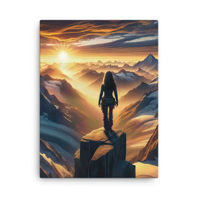Fotorealistische Darstellung der Alpen bei Sonnenaufgang, Wanderin unter einem gold-purpurnen Himmel - Dünne Leinwand wandern xxx yyy zzz 45.7 x 61 cm