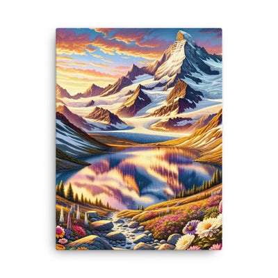 Quadratische Illustration der Alpen mit schneebedeckten Gipfeln und Wildblumen - Dünne Leinwand berge xxx yyy zzz 45.7 x 61 cm