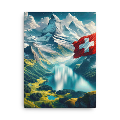 Ultraepische, fotorealistische Darstellung der Schweizer Alpenlandschaft mit Schweizer Flagge - Dünne Leinwand berge xxx yyy zzz 45.7 x 61 cm