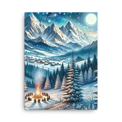 Aquarell eines Winterabends in den Alpen mit Lagerfeuer und Wanderern, glitzernder Neuschnee - Dünne Leinwand camping xxx yyy zzz 45.7 x 61 cm