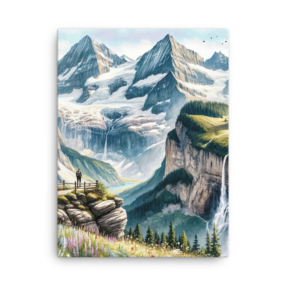 Aquarell-Panoramablick der Alpen mit schneebedeckten Gipfeln, Wasserfällen und Wanderern - Dünne Leinwand wandern xxx yyy zzz 45.7 x 61 cm