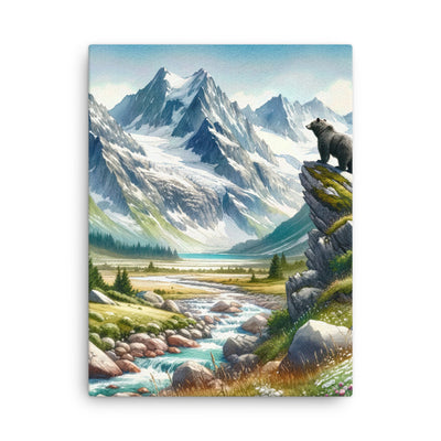 Aquarellmalerei eines Bären und der sommerlichen Alpenschönheit mit schneebedeckten Ketten - Dünne Leinwand camping xxx yyy zzz 45.7 x 61 cm