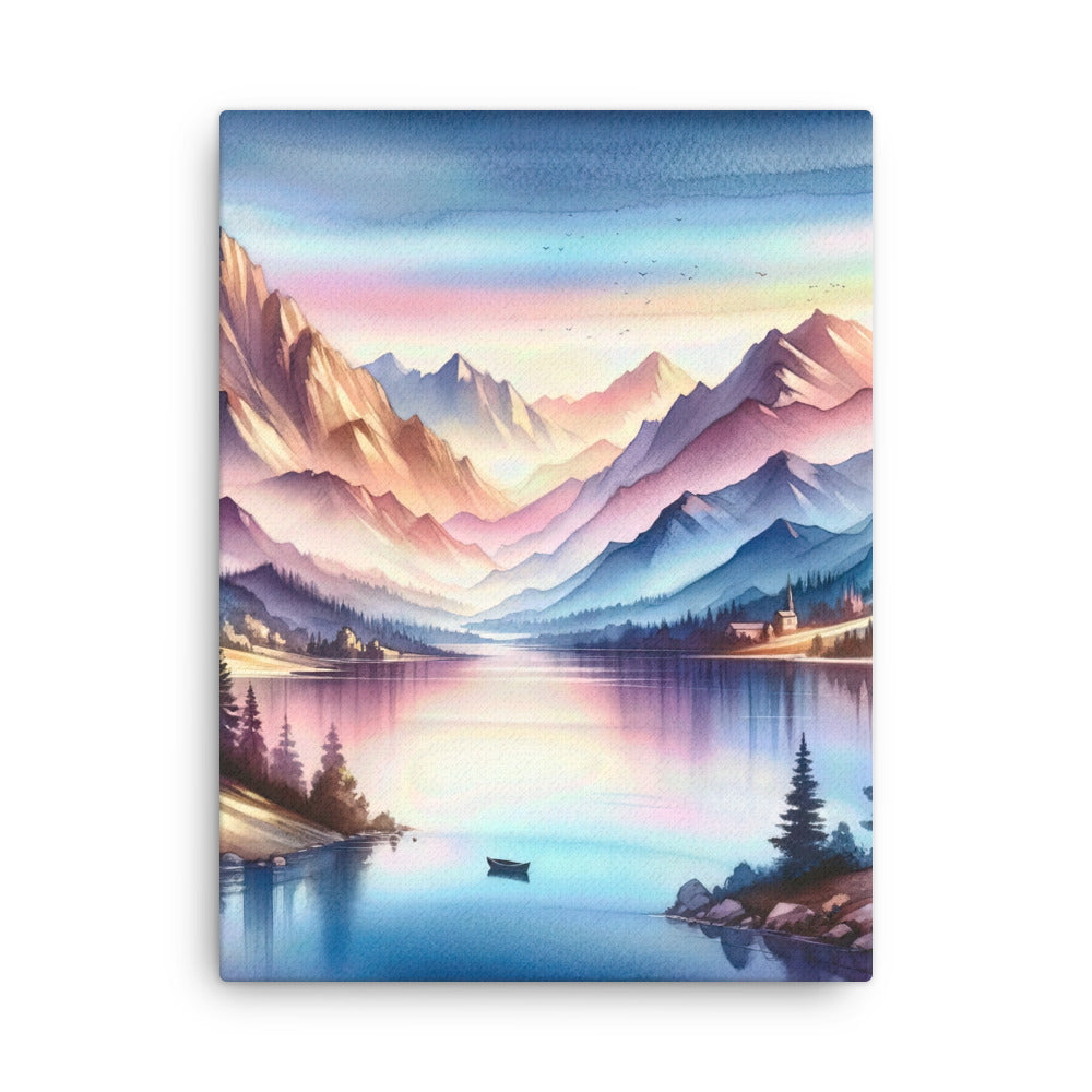 Aquarell einer Dämmerung in den Alpen, Boot auf einem See in Pastell-Licht - Dünne Leinwand berge xxx yyy zzz 45.7 x 61 cm