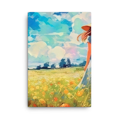 Dame mit Hut im Feld mit Blumen - Landschaftsmalerei - Dünne Leinwand camping xxx 61 x 91.4 cm