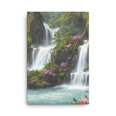 Wasserfall im Wald und Blumen - Schöne Malerei - Dünne Leinwand camping xxx 61 x 91.4 cm