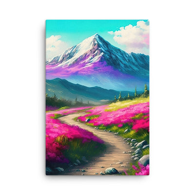 Berg, pinke Blumen und Wanderweg - Landschaftsmalerei - Dünne Leinwand berge xxx 61 x 91.4 cm