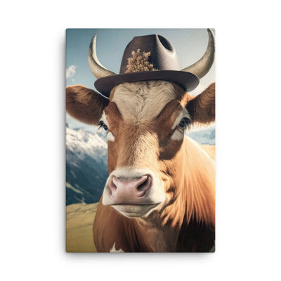 Kuh mit Hut in den Alpen - Berge im Hintergrund - Landschaftsmalerei - Dünne Leinwand berge xxx 61 x 91.4 cm