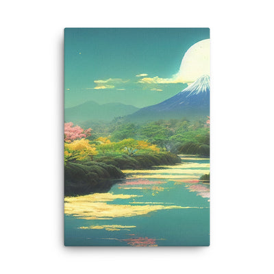 Berg, See und Wald mit pinken Bäumen - Landschaftsmalerei - Dünne Leinwand berge xxx 61 x 91.4 cm