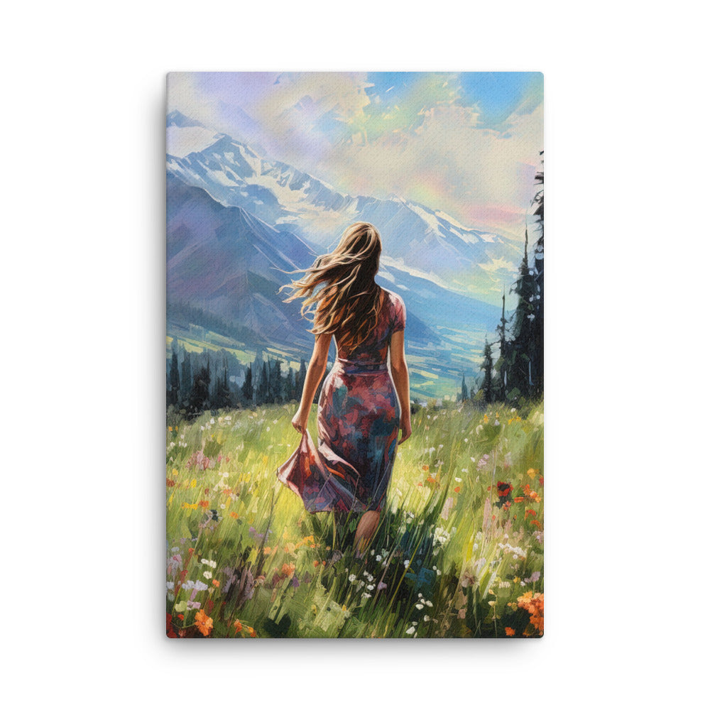 Frau mit langen Kleid im Feld mit Blumen - Berge im Hintergrund - Malerei - Dünne Leinwand berge xxx 61 x 91.4 cm