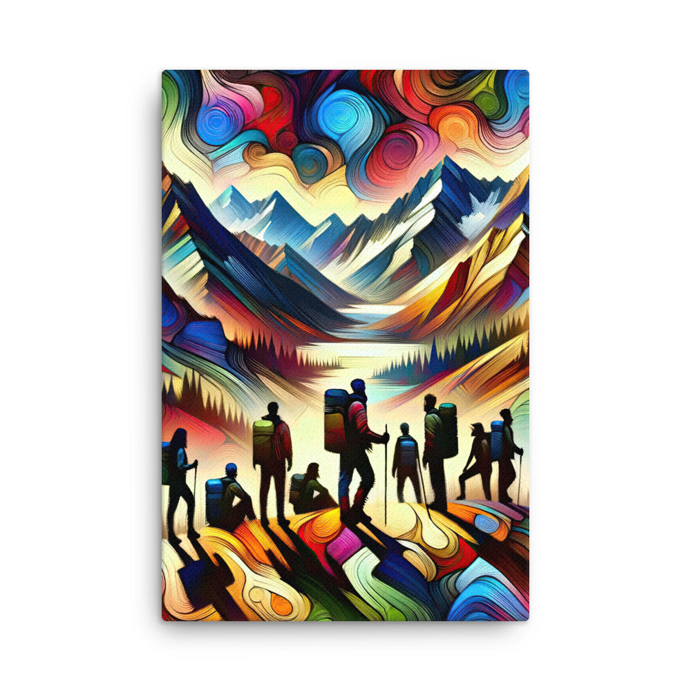 Abstraktes Kunstgemälde der Alpen voller lebendiger Muster. Ein vielfältiges Wanderteam, sowohl Männer als auch Frauen - Thin Canvas wandern xxx yyy zzz 61 x 91.4 cm