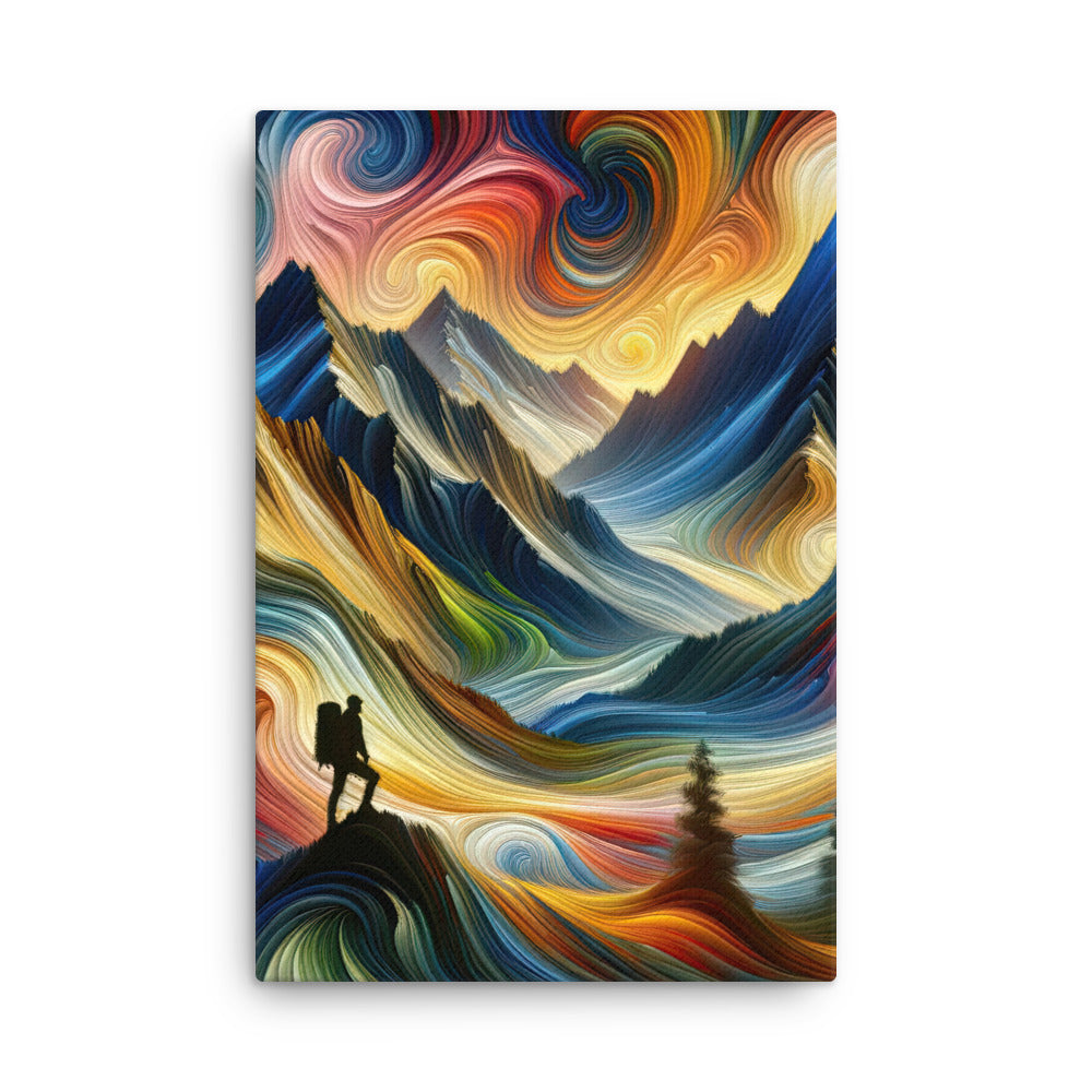 Abstraktes Kunstgemälde der Alpen mit wirbelnden, lebendigen Farben und dynamischen Mustern. Wanderer Silhouette - Dünne Leinwand wandern xxx yyy zzz 61 x 91.4 cm