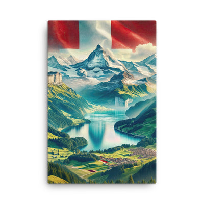 Berg Panorama: Schneeberge und Täler mit Schweizer Flagge - Dünne Leinwand berge xxx yyy zzz 61 x 91.4 cm