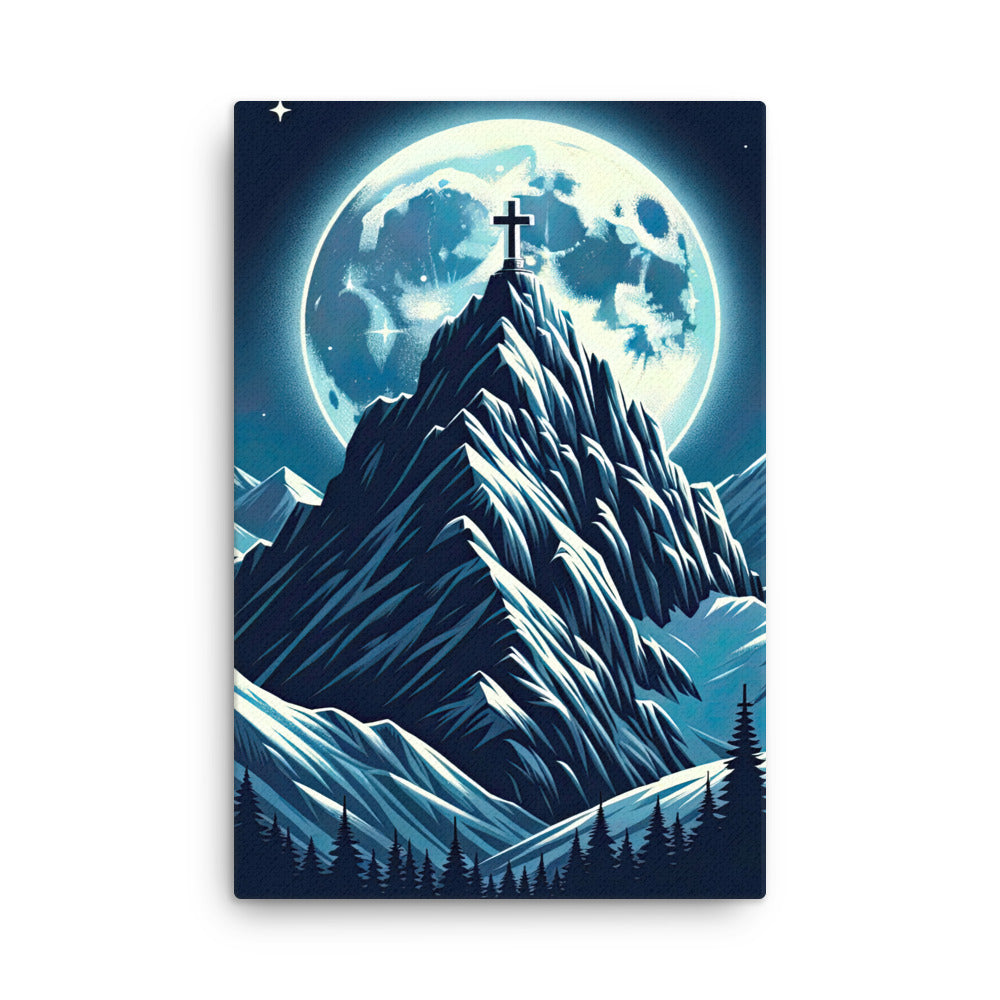 Mondnacht und Gipfelkreuz in den Alpen, glitzernde Schneegipfel - Dünne Leinwand berge xxx yyy zzz 61 x 91.4 cm