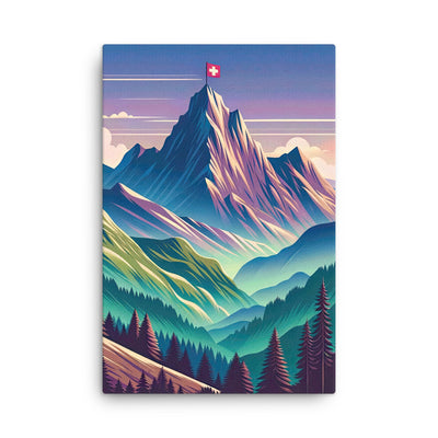 Harmonische Berglandschaft mit Schweizer Flagge auf Gipfel - Dünne Leinwand berge xxx yyy zzz 61 x 91.4 cm