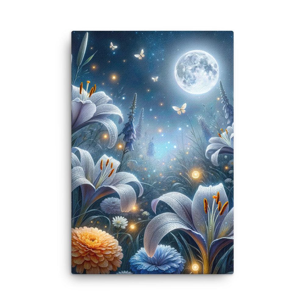 Ätherische Mondnacht auf blühender Wiese, silbriger Blumenglanz - Dünne Leinwand camping xxx yyy zzz 61 x 91.4 cm