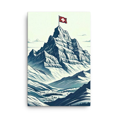 Ausgedehnte Bergkette mit dominierendem Gipfel und wehender Schweizer Flagge - Dünne Leinwand berge xxx yyy zzz 61 x 91.4 cm