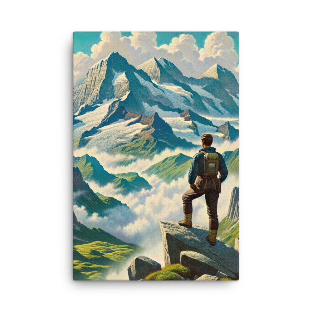Panoramablick der Alpen mit Wanderer auf einem Hügel und schroffen Gipfeln - Dünne Leinwand wandern xxx yyy zzz 61 x 91.4 cm