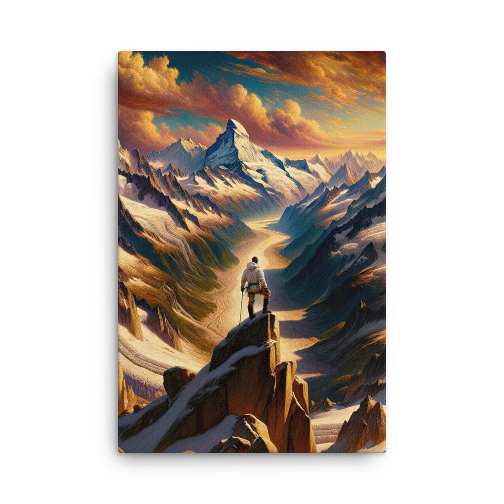 Ölgemälde eines Wanderers auf einem Hügel mit Panoramablick auf schneebedeckte Alpen und goldenen Himmel - Dünne Leinwand wandern xxx yyy zzz 61 x 91.4 cm