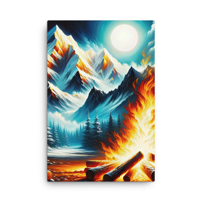 Ölgemälde von Feuer und Eis: Lagerfeuer und Alpen im Kontrast, warme Flammen - Dünne Leinwand camping xxx yyy zzz 61 x 91.4 cm