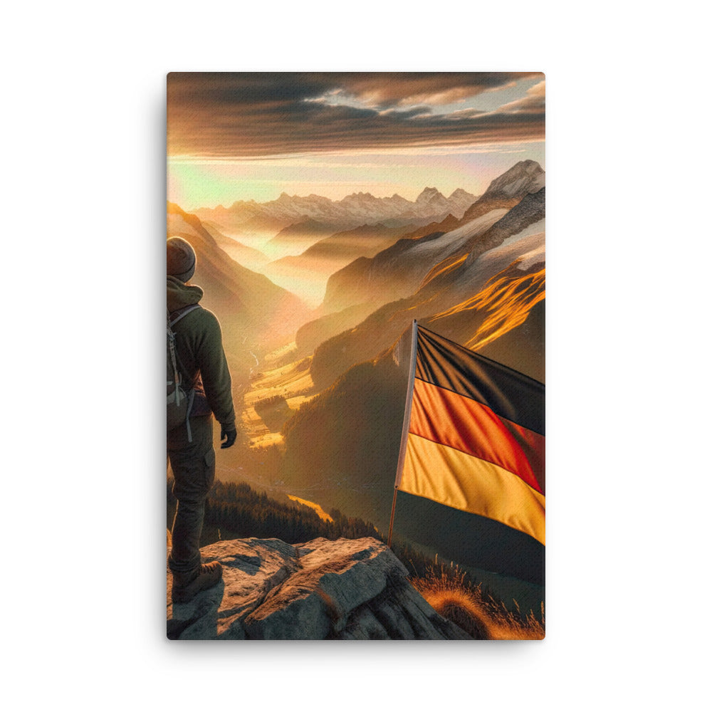 Foto der Alpen bei Sonnenuntergang mit deutscher Flagge und Wanderer, goldenes Licht auf Schneegipfeln - Dünne Leinwand berge xxx yyy zzz 61 x 91.4 cm