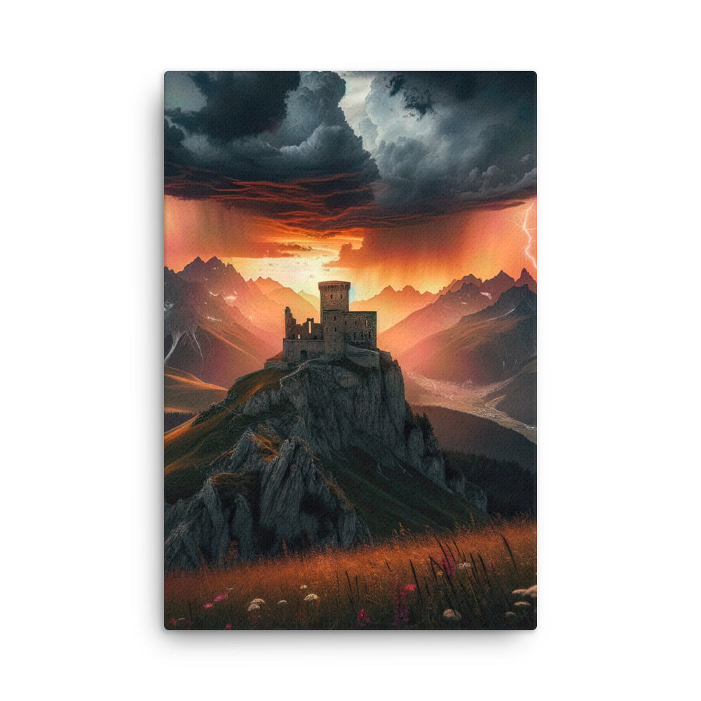 Foto einer Alpenburg bei stürmischem Sonnenuntergang, dramatische Wolken und Sonnenstrahlen - Dünne Leinwand berge xxx yyy zzz 61 x 91.4 cm