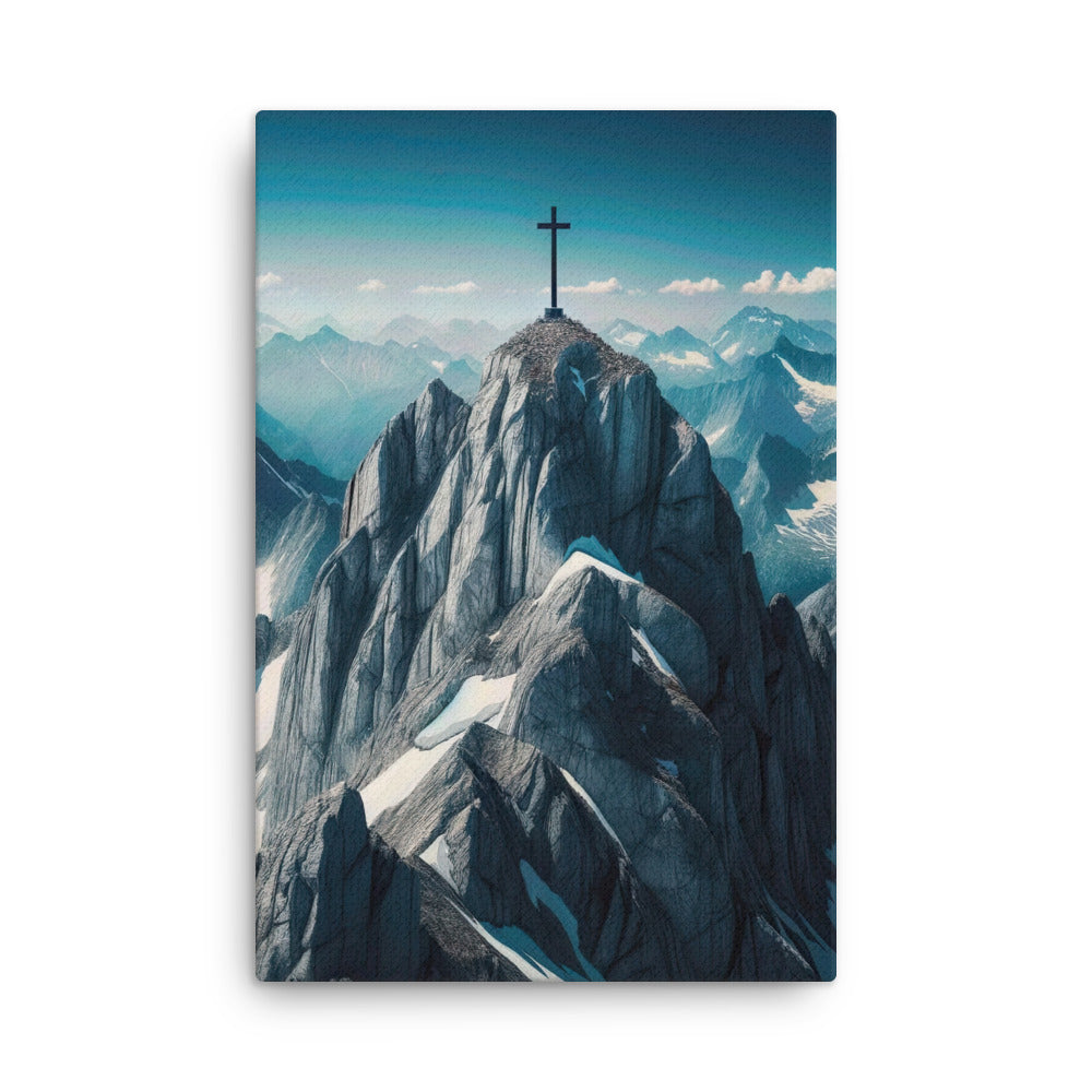 Foto der Alpen mit Gipfelkreuz an einem klaren Tag, schneebedeckte Spitzen vor blauem Himmel - Dünne Leinwand berge xxx yyy zzz 61 x 91.4 cm