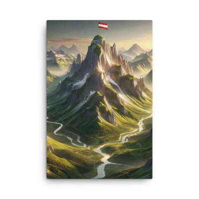 Fotorealistisches Bild der Alpen mit österreichischer Flagge, scharfen Gipfeln und grünen Tälern - Dünne Leinwand berge xxx yyy zzz 61 x 91.4 cm