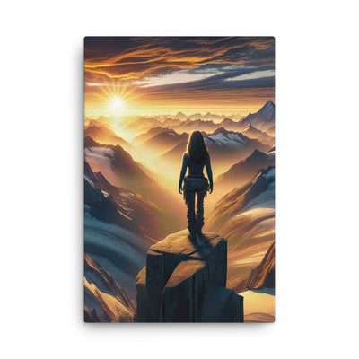 Fotorealistische Darstellung der Alpen bei Sonnenaufgang, Wanderin unter einem gold-purpurnen Himmel - Dünne Leinwand wandern xxx yyy zzz 61 x 91.4 cm