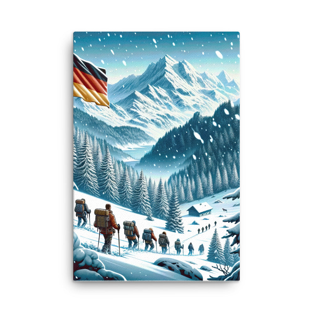 Quadratische Winterillustration der Alpen mit deutscher Flagge und Wanderteam - Dünne Leinwand wandern xxx yyy zzz 61 x 91.4 cm