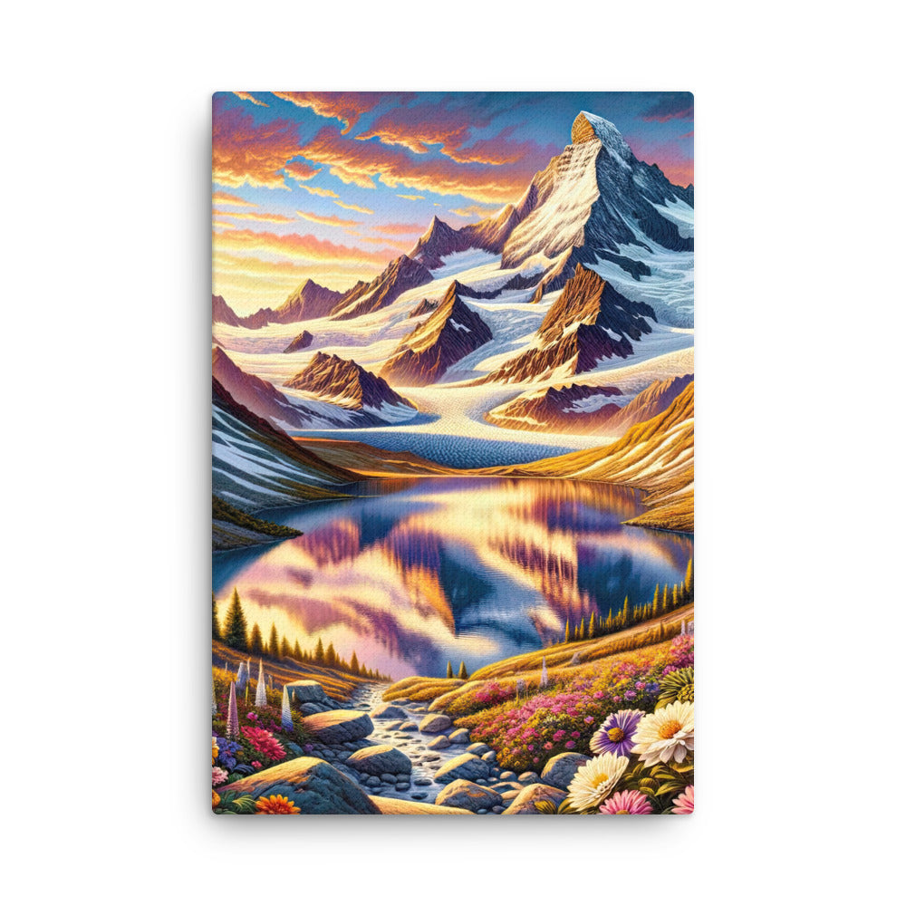 Quadratische Illustration der Alpen mit schneebedeckten Gipfeln und Wildblumen - Dünne Leinwand berge xxx yyy zzz 61 x 91.4 cm
