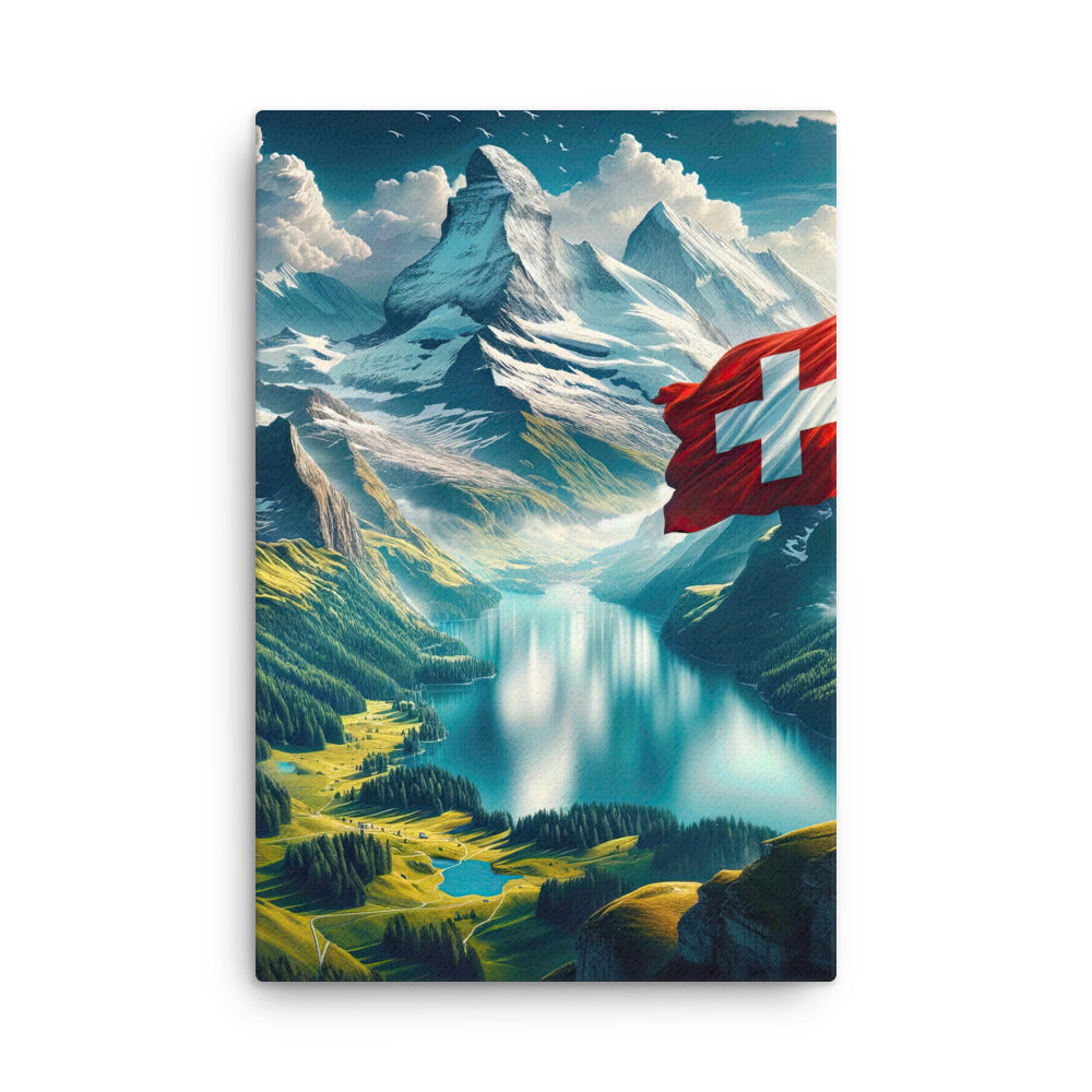 Ultraepische, fotorealistische Darstellung der Schweizer Alpenlandschaft mit Schweizer Flagge - Dünne Leinwand berge xxx yyy zzz 61 x 91.4 cm