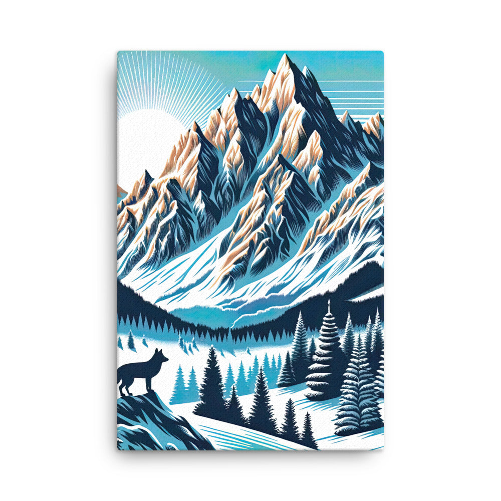 Vektorgrafik eines Wolfes im winterlichen Alpenmorgen, Berge mit Schnee- und Felsmustern - Dünne Leinwand berge xxx yyy zzz 61 x 91.4 cm