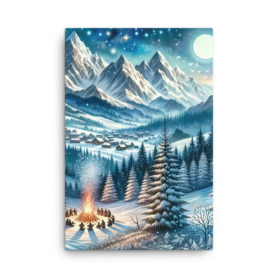 Aquarell eines Winterabends in den Alpen mit Lagerfeuer und Wanderern, glitzernder Neuschnee - Dünne Leinwand camping xxx yyy zzz 61 x 91.4 cm