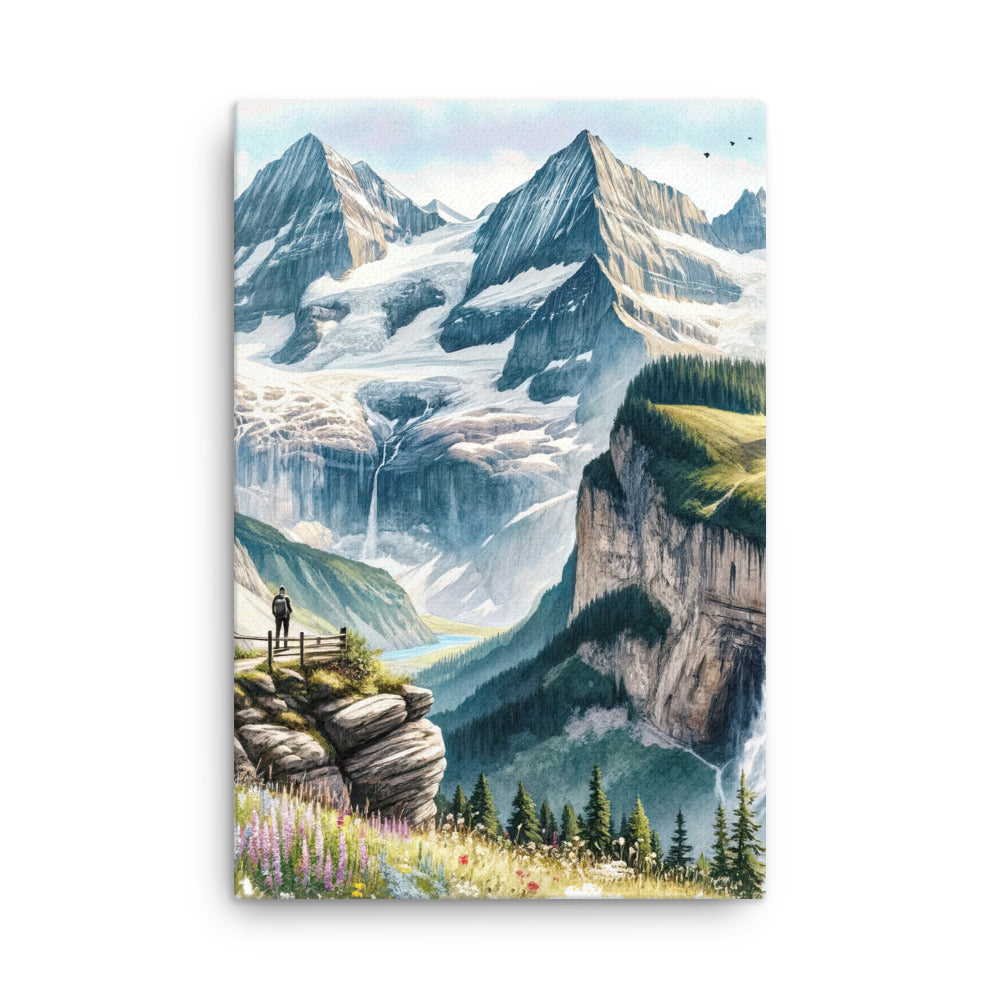 Aquarell-Panoramablick der Alpen mit schneebedeckten Gipfeln, Wasserfällen und Wanderern - Dünne Leinwand wandern xxx yyy zzz 61 x 91.4 cm