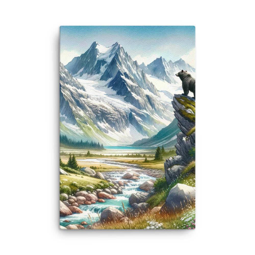 Aquarellmalerei eines Bären und der sommerlichen Alpenschönheit mit schneebedeckten Ketten - Dünne Leinwand camping xxx yyy zzz 61 x 91.4 cm