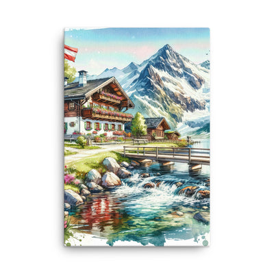 Aquarell der frühlingshaften Alpenkette mit österreichischer Flagge und schmelzendem Schnee - Dünne Leinwand berge xxx yyy zzz 61 x 91.4 cm