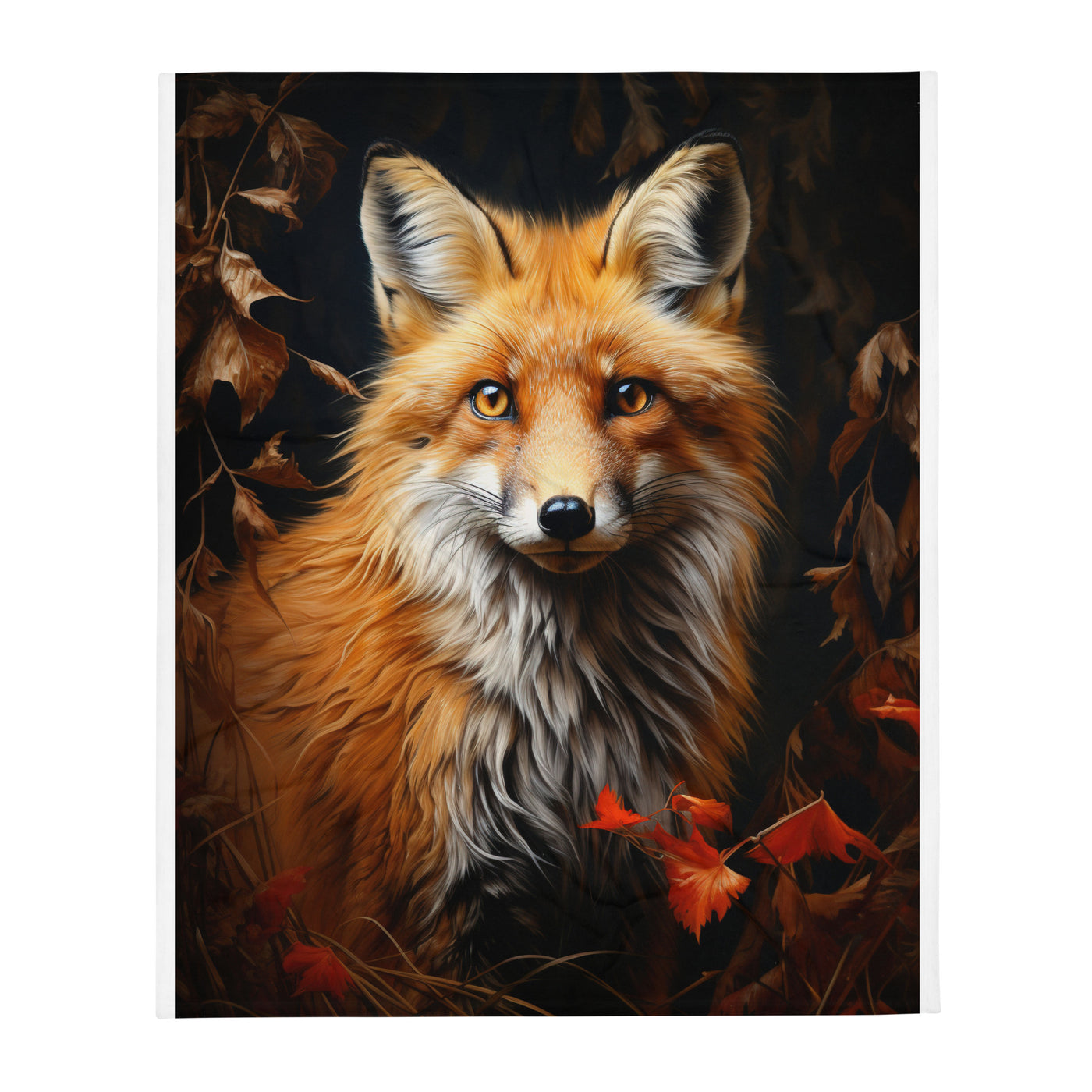 Fuchs Porträt und Herbstblätter - Malerei - Überwurfdecke camping xxx 127 x 152.4 cm