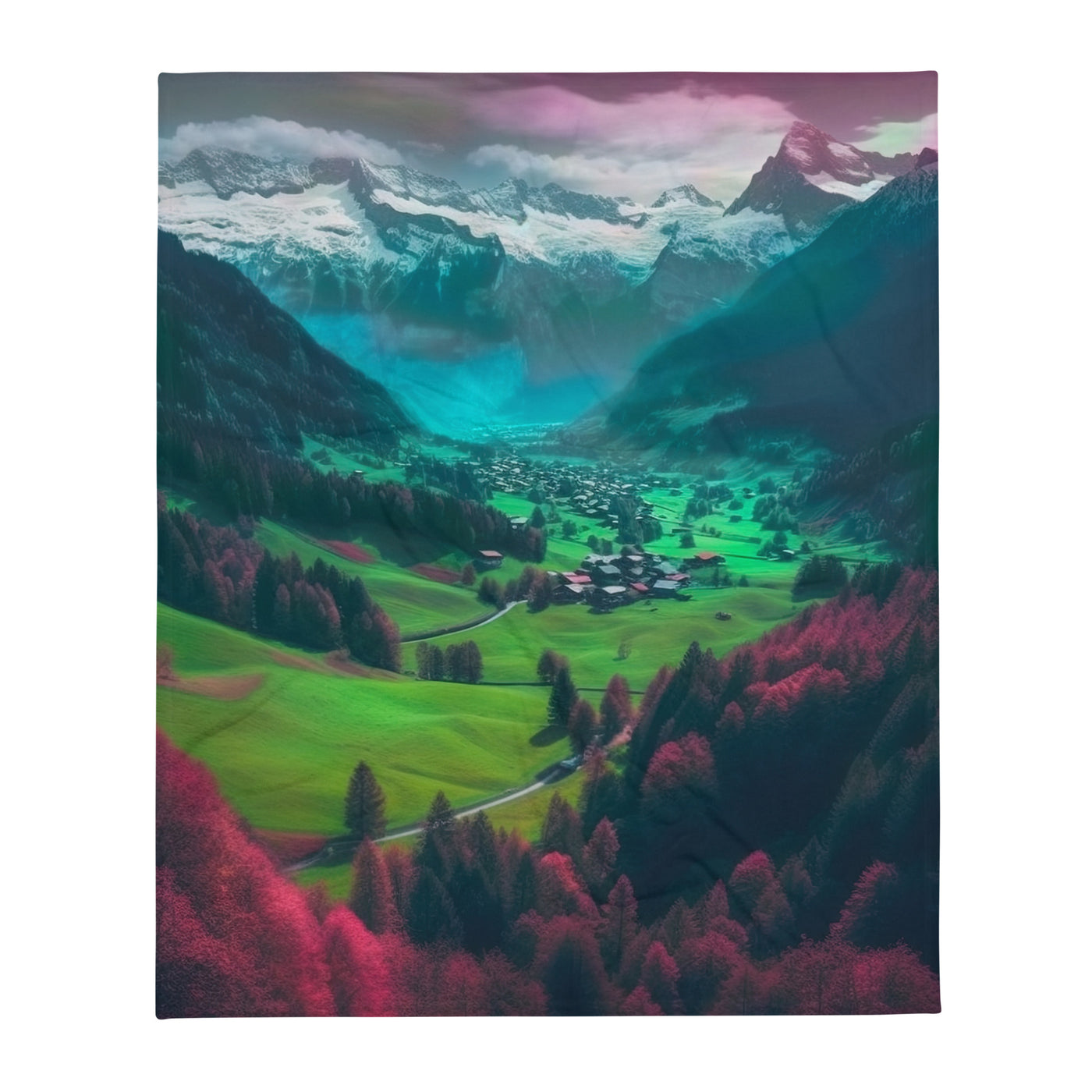 Berglandschaft und Dorf - Fotorealistische Malerei - Überwurfdecke berge xxx 127 x 152.4 cm