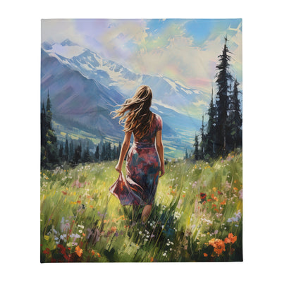 Frau mit langen Kleid im Feld mit Blumen - Berge im Hintergrund - Malerei - Überwurfdecke berge xxx 127 x 152.4 cm