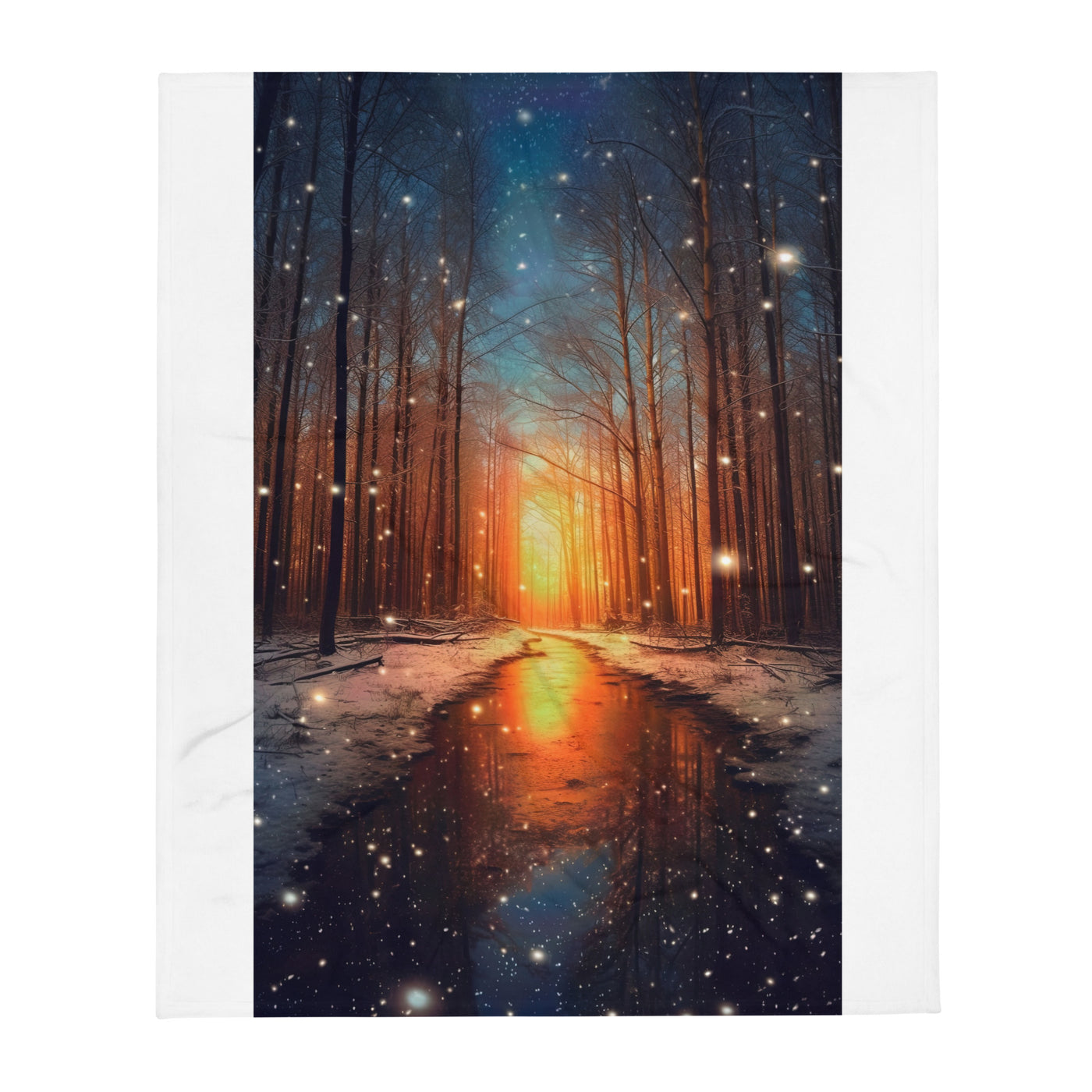 Bäume im Winter, Schnee, Sonnenaufgang und Fluss - Überwurfdecke camping xxx 127 x 152.4 cm