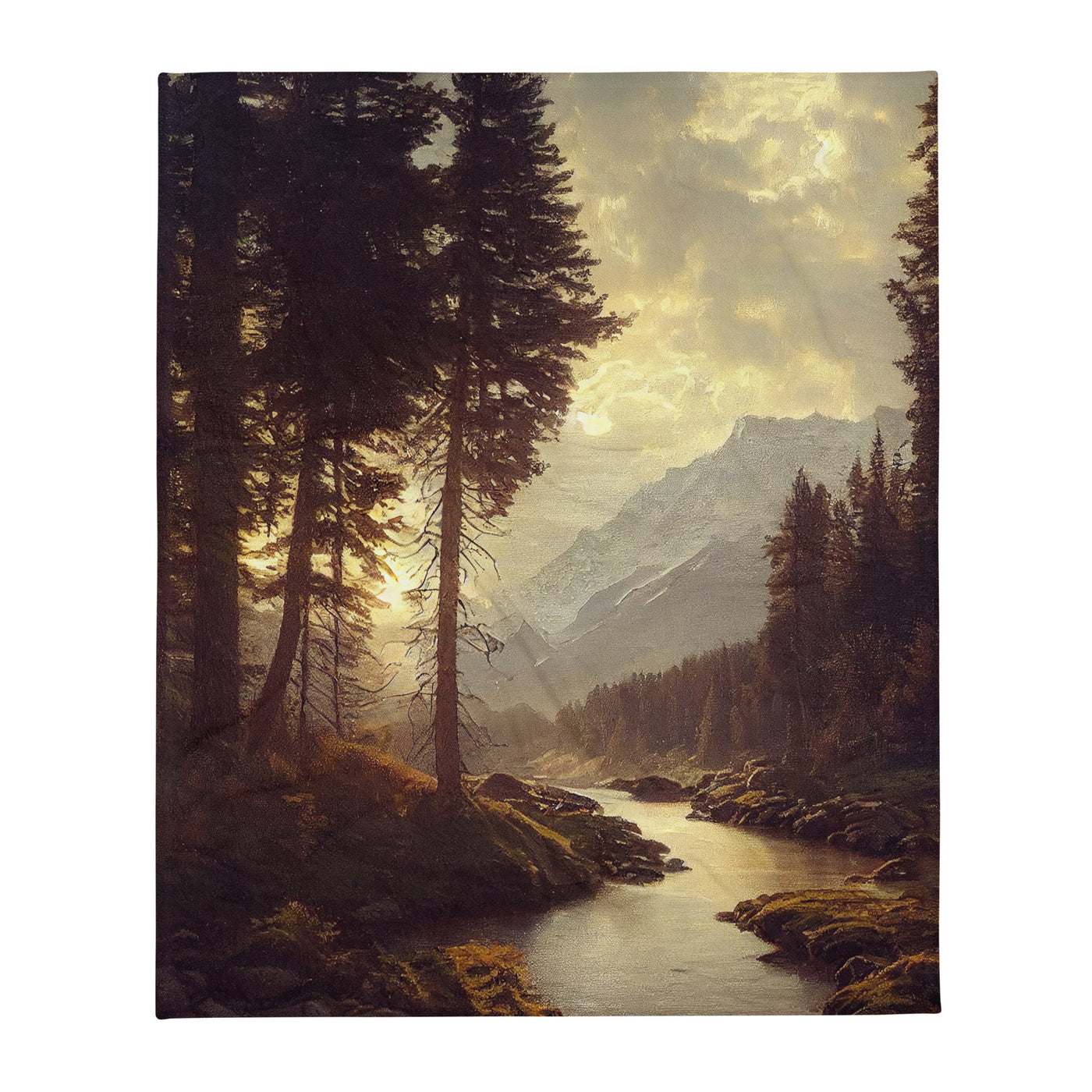 Landschaft mit Bergen, Fluss und Bäumen - Malerei -Überwurfdecke berge xxx 127 x 152.4 cm